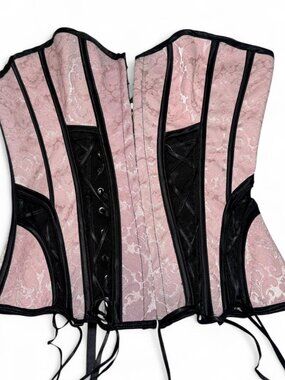 Pink Lace Corset-Style Camisole with Black Trim